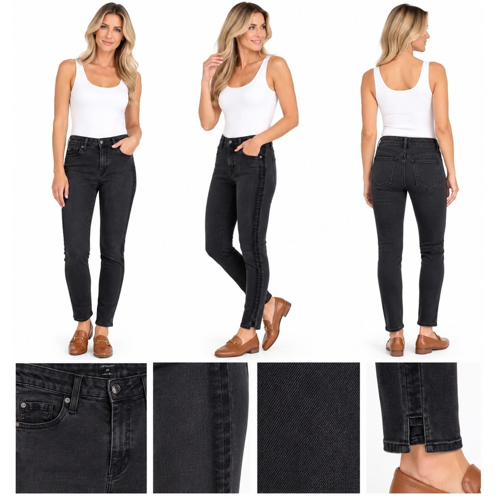 Just Black Jeans 29 Black Skinny Shadow Side Stripe High Rise Stretch Denim